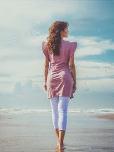 : Bahr semi-covering bikini - Flowing, modern and modest pink and lila swimsuit with UPF 50+ protection