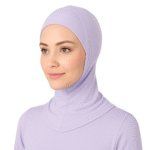 A person wearing a stylish, lavender-colored hooded garment designed for modesty and comfort.