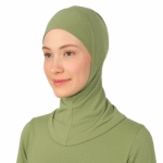 A person wearing a form-fitting olive green hooded garment, designed for comfort and coverage.